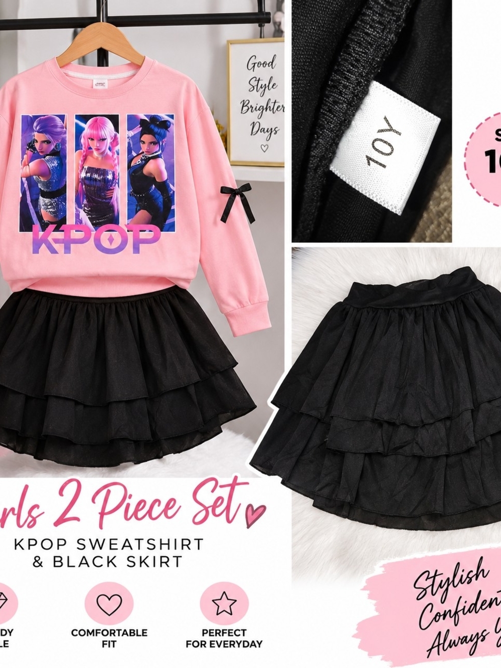Unbranded Pink K-Pop Sweatshirt & Black Tiered Skirt Set